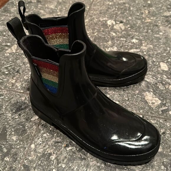 Tretorn Lina 2 black patent waterproof sparkle rainbow rain boots NWOT. Size 7 - Picture 3 of 6